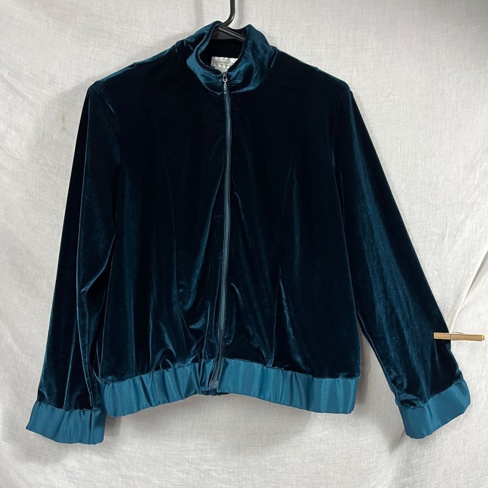 Coldwater Creek Velvet Satin Full Zip‎ Jacket Womens S Petite Teal Bomber Gypsy